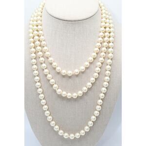 Vintage Glass Pearl Opera Necklace 60” Knotted Ivory 8mm Strand